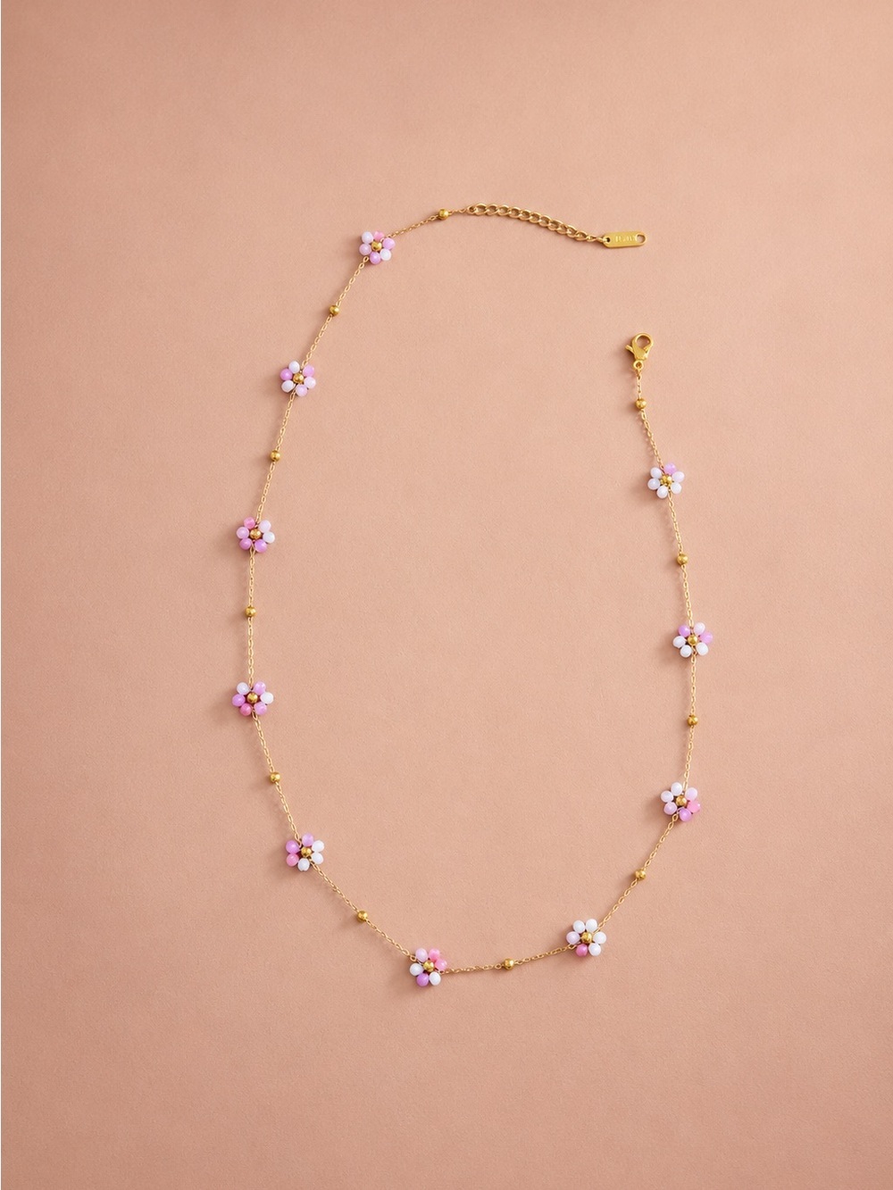MIA Gold Chain Necklace with Pink and White Flower Beads
